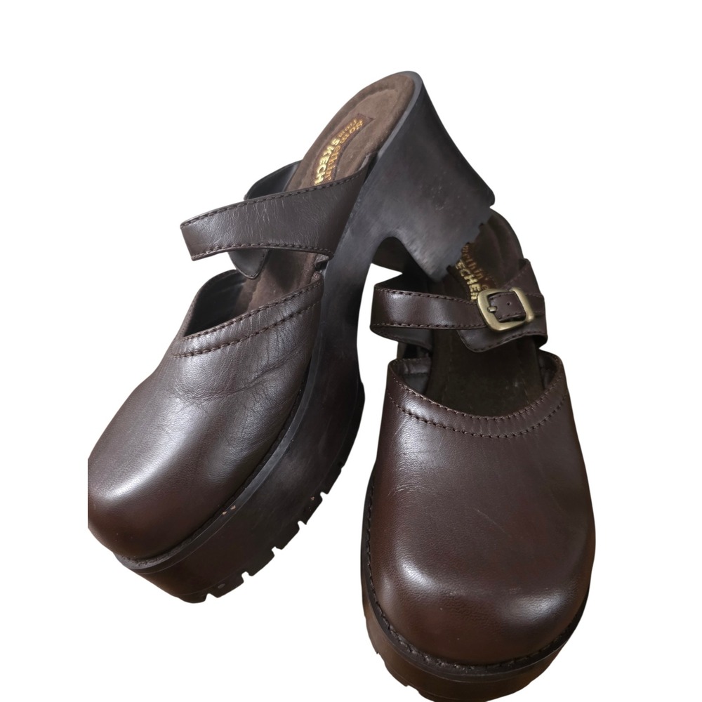Somethin‎ Else from Skechers Brown Leather Platform Clogs Mary Jane Mules Y2K 9